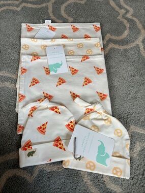 monica + andy pizza and pretzels print burp clothe and top knot hats NWT